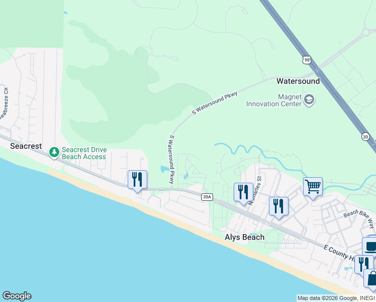 map of restaurants, bars, coffee shops, grocery stores, and more near Catnap Alley in Seacrest