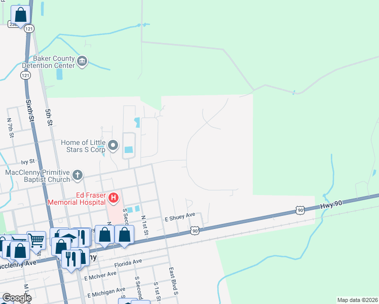 map of restaurants, bars, coffee shops, grocery stores, and more near 513 Islamorada Drive North in Macclenny