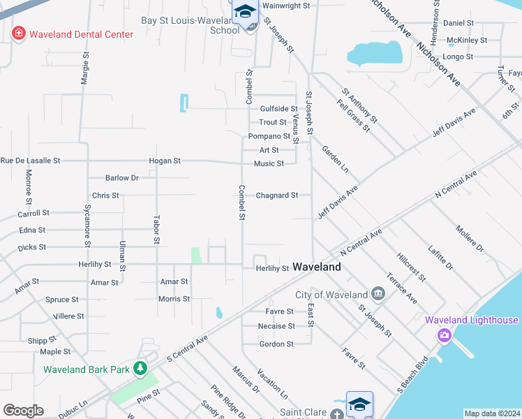 map of restaurants, bars, coffee shops, grocery stores, and more near 143 Chagnard Street in Waveland
