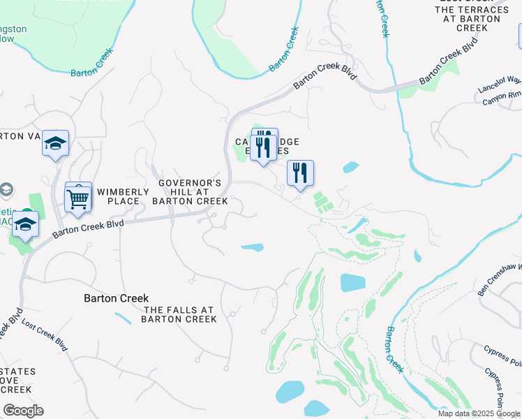 map of restaurants, bars, coffee shops, grocery stores, and more near 2305 Barton Creek Boulevard in Austin