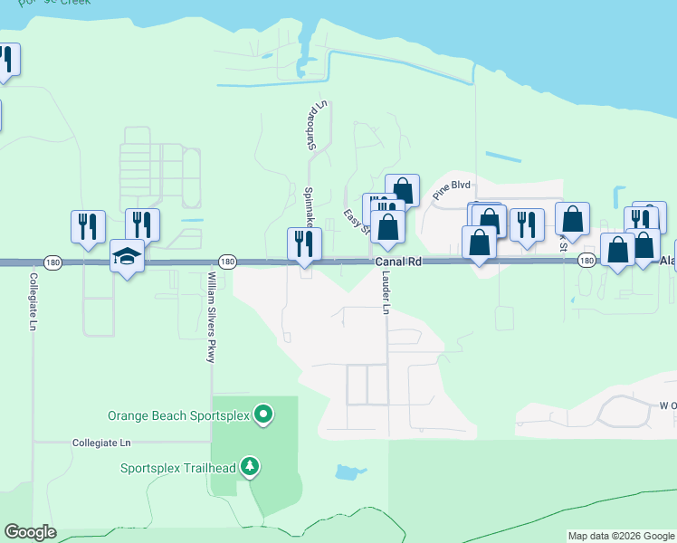 map of restaurants, bars, coffee shops, grocery stores, and more near 24340 Canal Road in Orange Beach