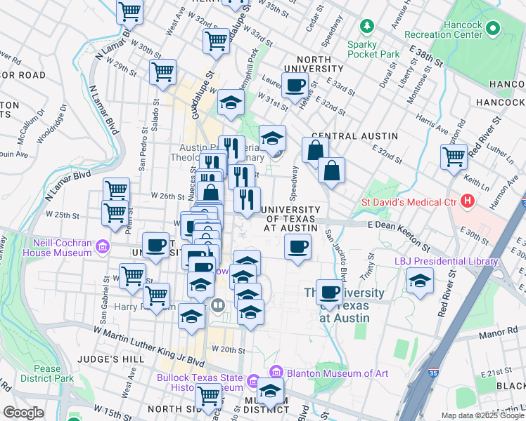 map of restaurants, bars, coffee shops, grocery stores, and more near 100a West Dean Keeton Street in Austin