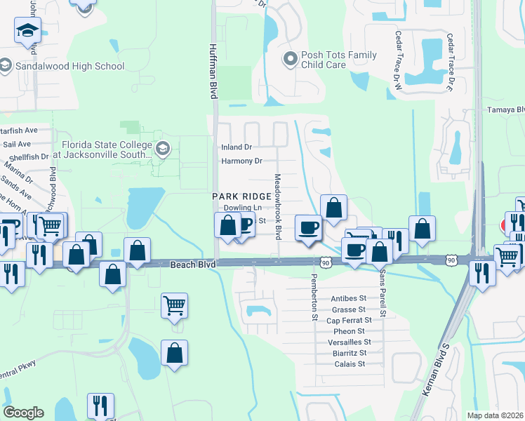 map of restaurants, bars, coffee shops, grocery stores, and more near 11959 Cornelius Street in Jacksonville