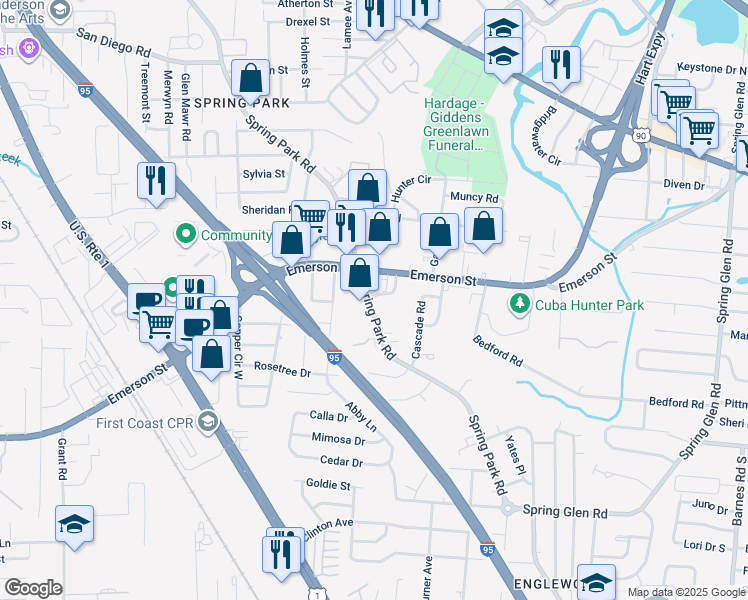 map of restaurants, bars, coffee shops, grocery stores, and more near 3662 Spring Park Road in Jacksonville