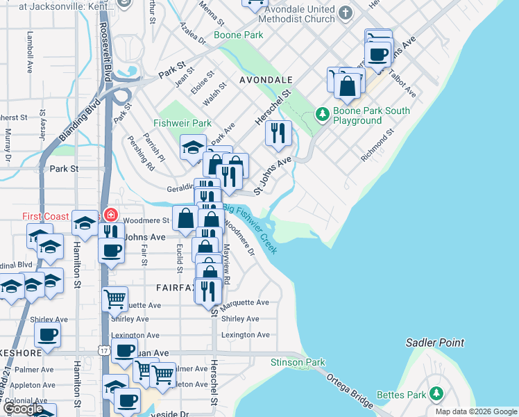 map of restaurants, bars, coffee shops, grocery stores, and more near 3946 Saint Johns Avenue in Jacksonville