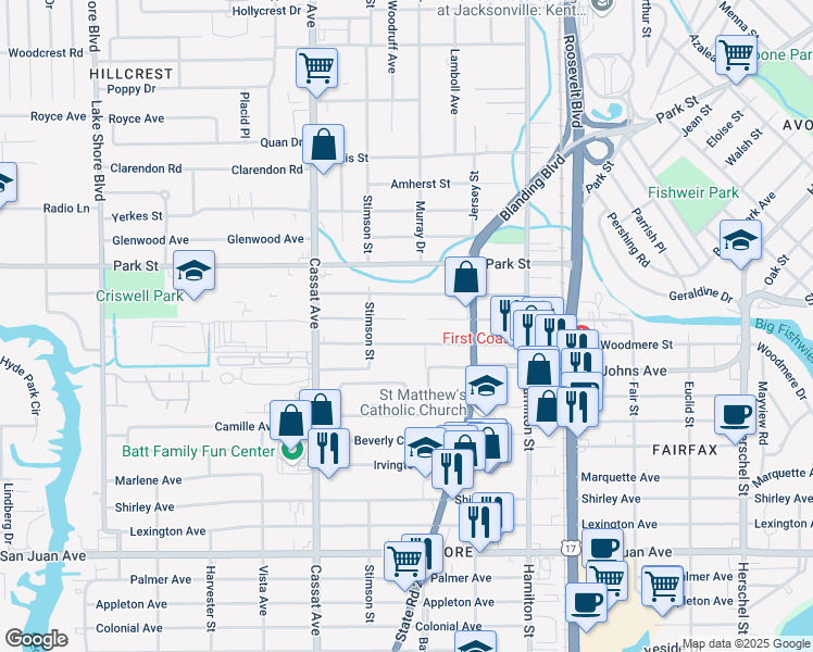 map of restaurants, bars, coffee shops, grocery stores, and more near 4745 Shelby Avenue in Jacksonville