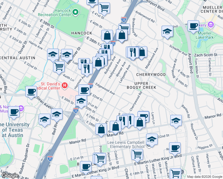 map of restaurants, bars, coffee shops, grocery stores, and more near 3300 Lafayette Avenue in Austin