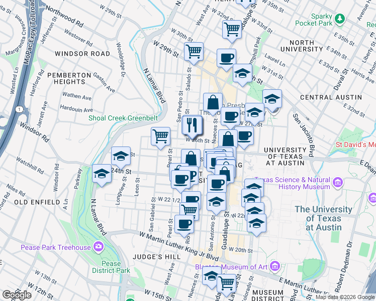 map of restaurants, bars, coffee shops, grocery stores, and more near 2500 Rio Grande Street in Austin
