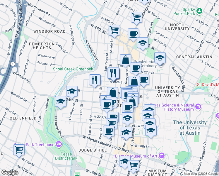 map of restaurants, bars, coffee shops, grocery stores, and more near 702 West 25th Street in Austin
