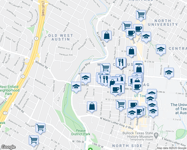 map of restaurants, bars, coffee shops, grocery stores, and more near 2415 Leon Street in Austin