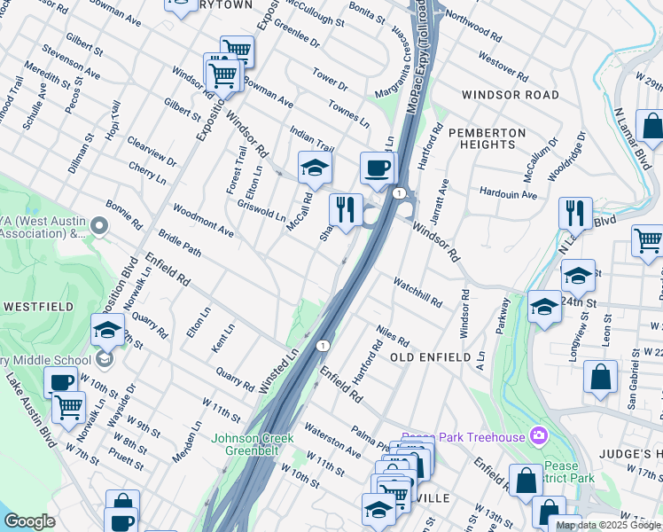 map of restaurants, bars, coffee shops, grocery stores, and more near 1803 Winsted Lane in Austin
