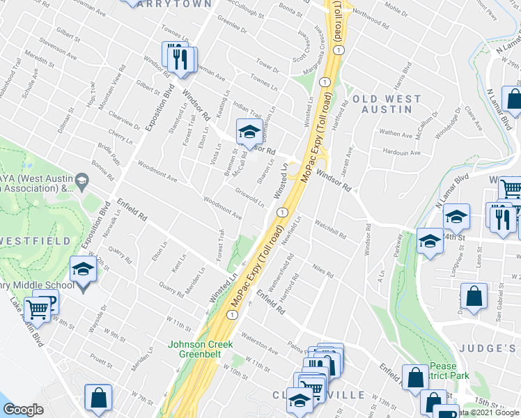 map of restaurants, bars, coffee shops, grocery stores, and more near 2005 Griswold Lane in Austin