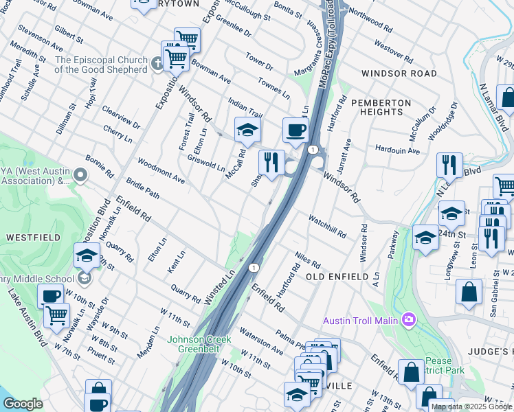 map of restaurants, bars, coffee shops, grocery stores, and more near 1803 Winsted Lane in Austin