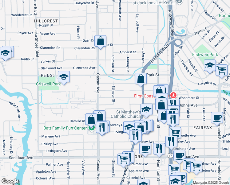 map of restaurants, bars, coffee shops, grocery stores, and more near 4762 Merrimac Avenue in Jacksonville
