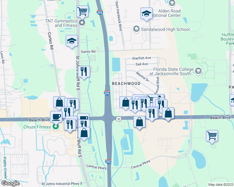 map of restaurants, bars, coffee shops, grocery stores, and more near 11555 Beach Boulevard in Jacksonville