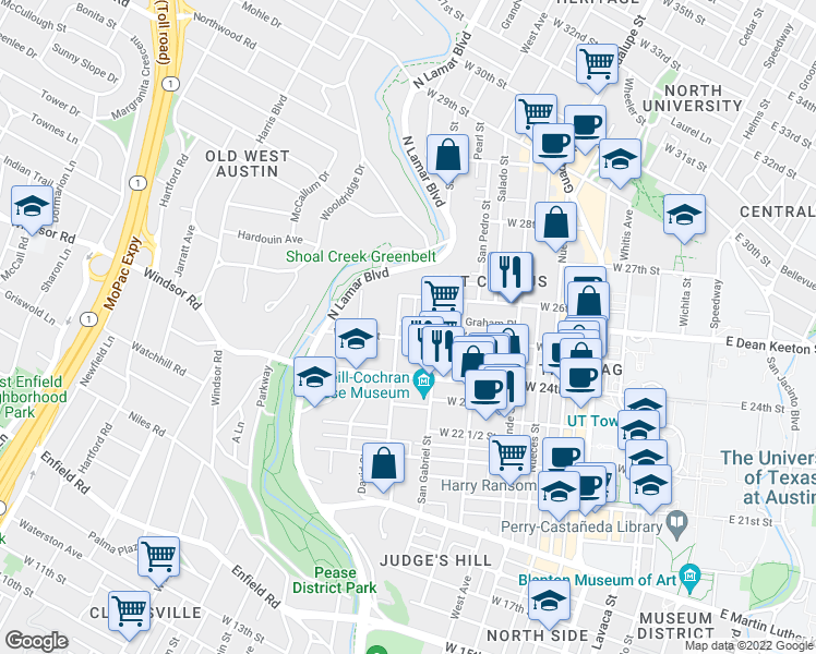 map of restaurants, bars, coffee shops, grocery stores, and more near 1011 West 25th 1/2 Street in Austin