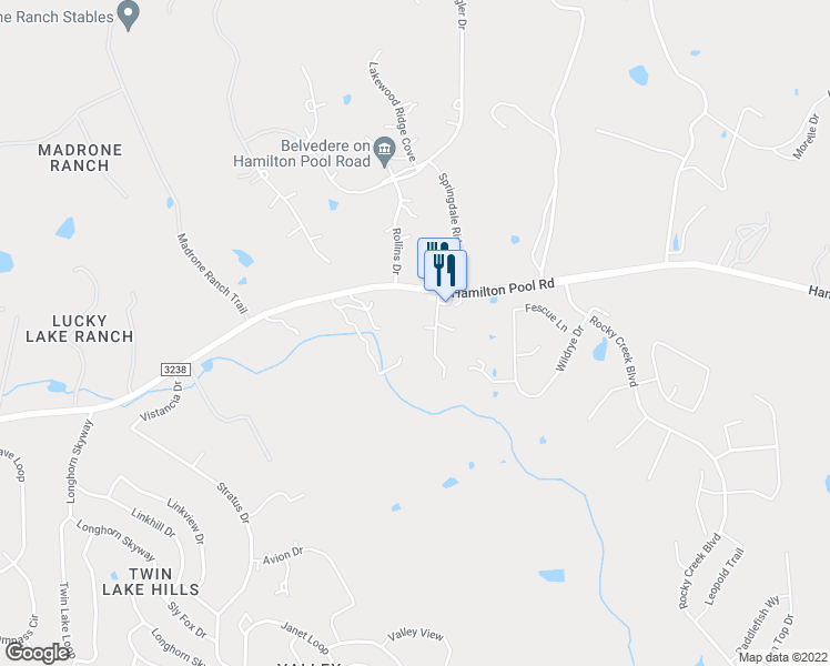 map of restaurants, bars, coffee shops, grocery stores, and more near 17505 Hamilton Pool Road in Austin