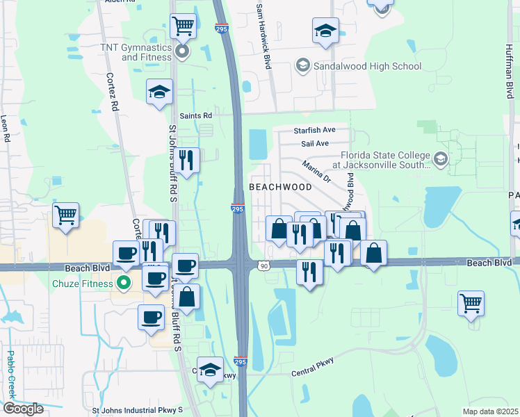 map of restaurants, bars, coffee shops, grocery stores, and more near 11555 Beach Boulevard in Jacksonville