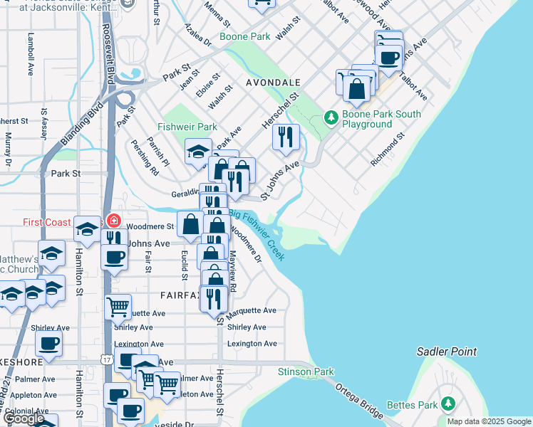 map of restaurants, bars, coffee shops, grocery stores, and more near 3946 St Johns Ave in Jacksonville