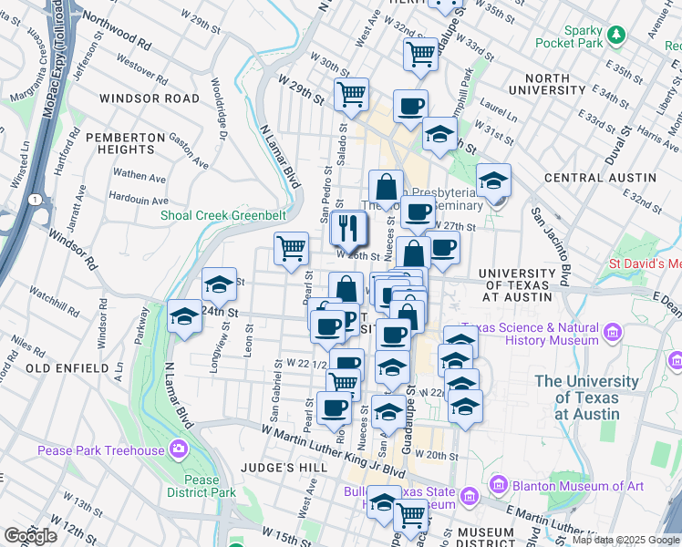 map of restaurants, bars, coffee shops, grocery stores, and more near 2500 Rio Grande Street in Austin