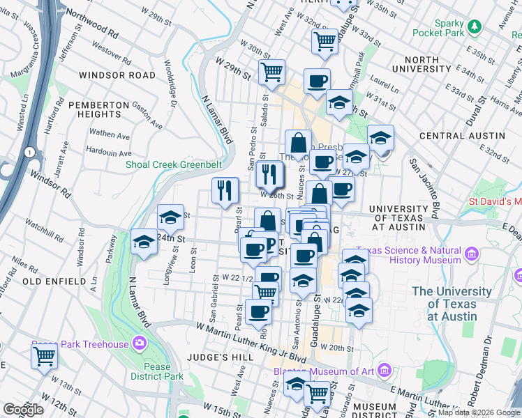 map of restaurants, bars, coffee shops, grocery stores, and more near 702 West 25th Street in Austin