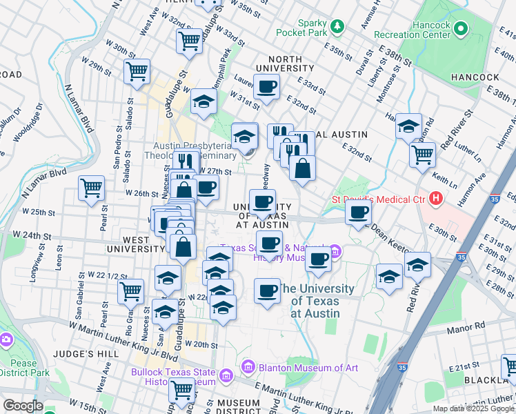 map of restaurants, bars, coffee shops, grocery stores, and more near 108 East Dean Keeton Street in Austin