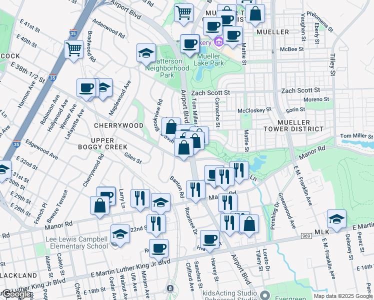 map of restaurants, bars, coffee shops, grocery stores, and more near 3851 Airport Boulevard in Austin