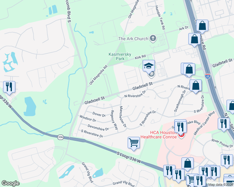 map of restaurants, bars, coffee shops, grocery stores, and more near 1010 Gladstell Street in Conroe