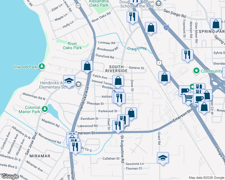 map of restaurants, bars, coffee shops, grocery stores, and more near 1733 Ashland Street in Jacksonville