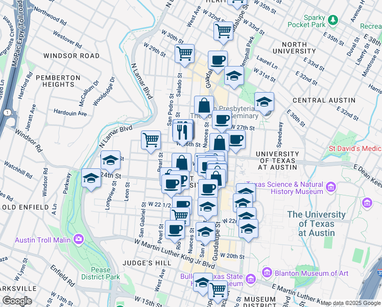 map of restaurants, bars, coffee shops, grocery stores, and more near 2500 Rio Grande Street in Austin
