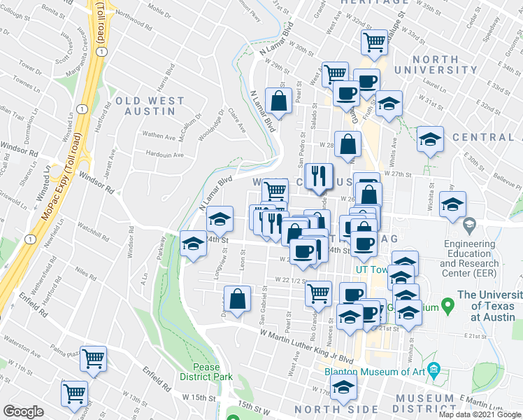map of restaurants, bars, coffee shops, grocery stores, and more near West 25th 1/2 Street in Austin