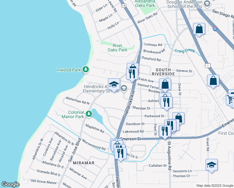 map of restaurants, bars, coffee shops, grocery stores, and more near 3400 Hendricks Avenue in Jacksonville