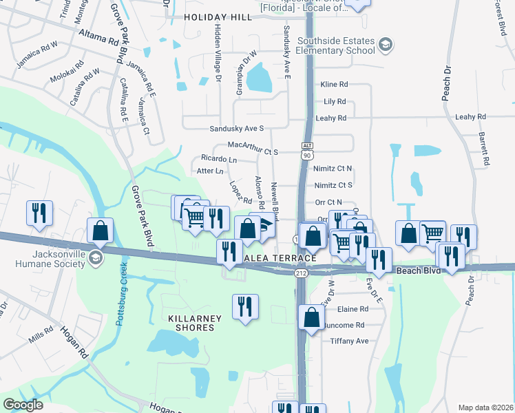 map of restaurants, bars, coffee shops, grocery stores, and more near 3020 Lopez Road in Jacksonville