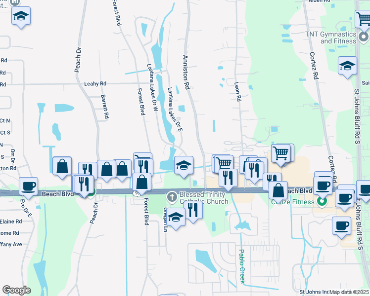 map of restaurants, bars, coffee shops, grocery stores, and more near 3109 Lantana Lakes Drive in Jacksonville