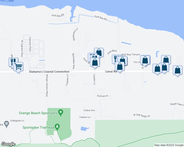 map of restaurants, bars, coffee shops, grocery stores, and more near 4318 Lauder Lane in Orange Beach