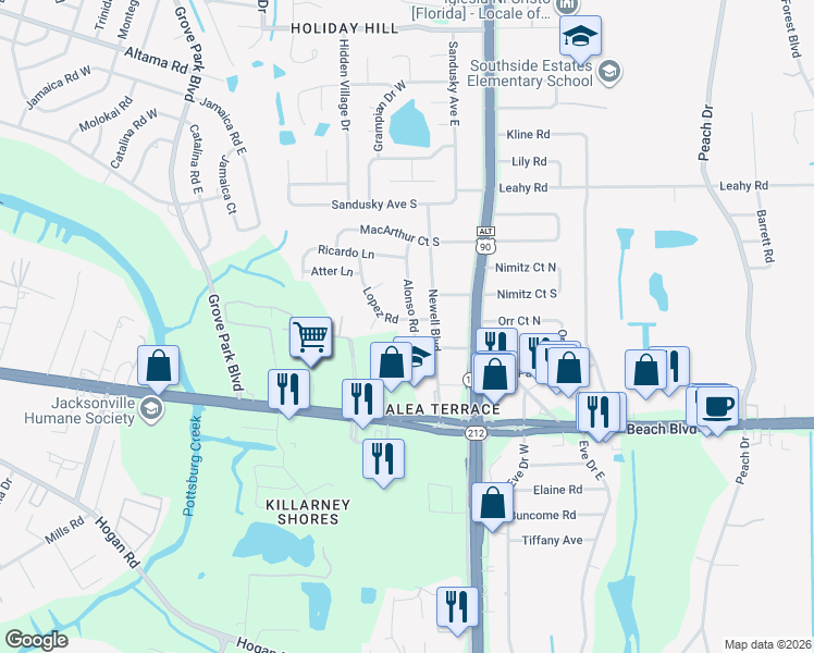 map of restaurants, bars, coffee shops, grocery stores, and more near 3020 Lopez Road in Jacksonville