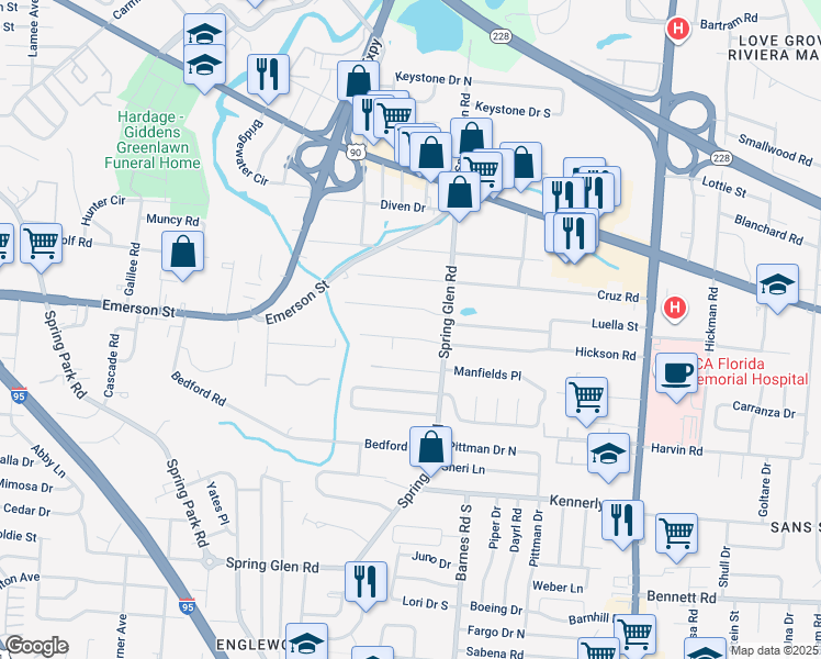 map of restaurants, bars, coffee shops, grocery stores, and more near 3535 Carlyon Drive in Jacksonville