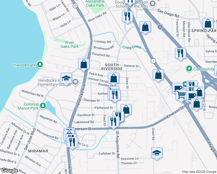 map of restaurants, bars, coffee shops, grocery stores, and more near 1733 Ashland Street in Jacksonville