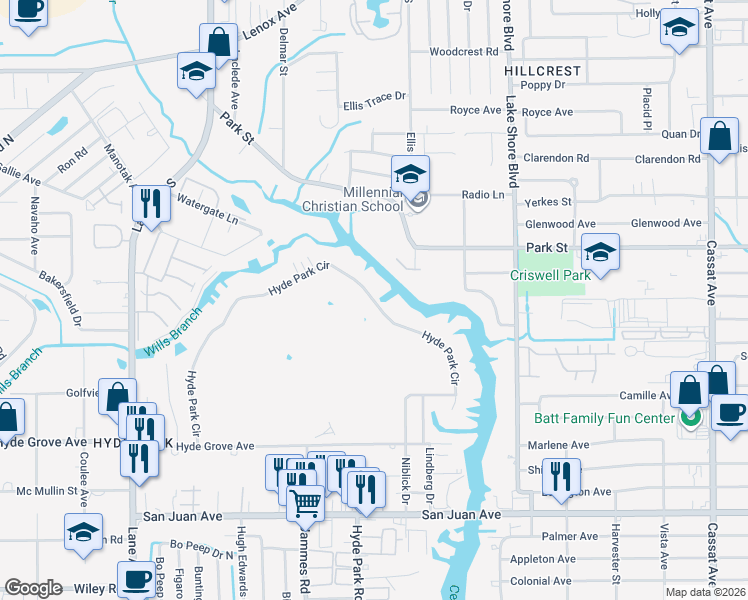 map of restaurants, bars, coffee shops, grocery stores, and more near 5769 Hyde Park Circle in Jacksonville
