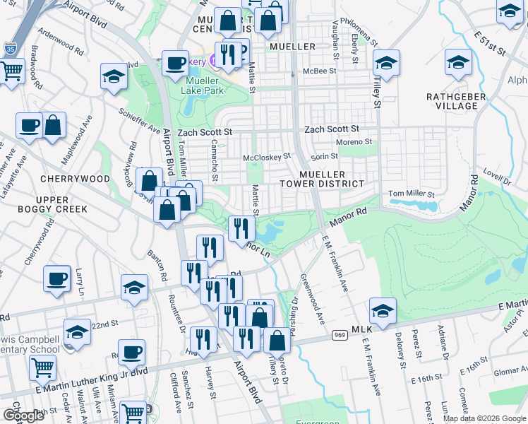 map of restaurants, bars, coffee shops, grocery stores, and more near 2301 Tom Miller Street in Austin