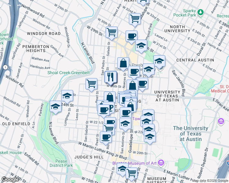 map of restaurants, bars, coffee shops, grocery stores, and more near 2500 Rio Grande Street in Austin