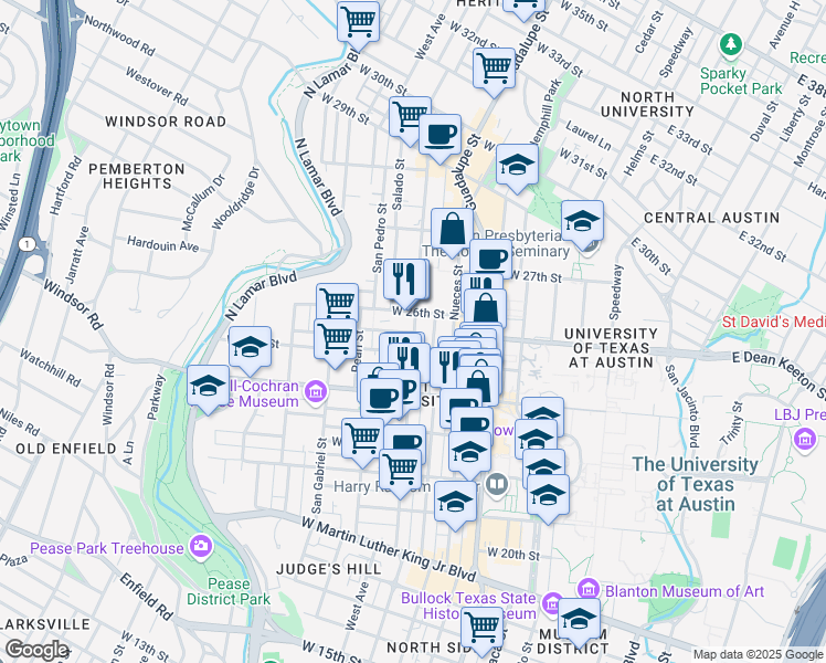 map of restaurants, bars, coffee shops, grocery stores, and more near 2500 Rio Grande Street in Austin