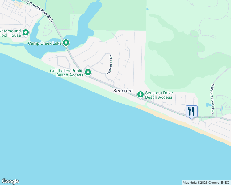 map of restaurants, bars, coffee shops, grocery stores, and more near 8276 East County Highway 30A in Seacrest