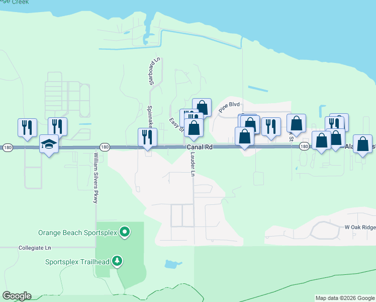 map of restaurants, bars, coffee shops, grocery stores, and more near 4318 Lauder Lane in Orange Beach