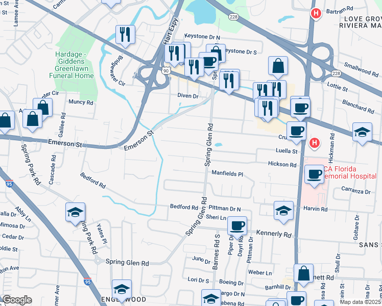 map of restaurants, bars, coffee shops, grocery stores, and more near 3535 Carlyon Drive in Jacksonville
