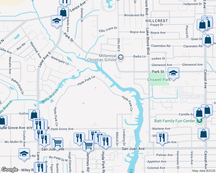 map of restaurants, bars, coffee shops, grocery stores, and more near 5769 Hyde Park Circle in Jacksonville