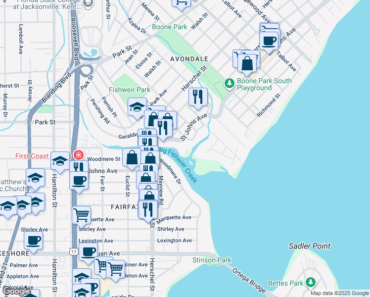 map of restaurants, bars, coffee shops, grocery stores, and more near 3946 Saint Johns Avenue in Jacksonville