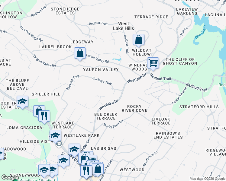 map of restaurants, bars, coffee shops, grocery stores, and more near 201 Buckeye Trail in West Lake Hills