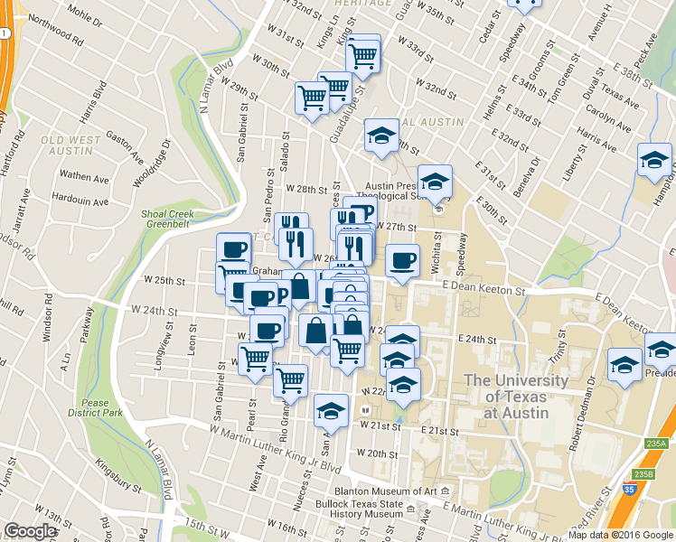 map of restaurants, bars, coffee shops, grocery stores, and more near 501 West 26th Street in Austin