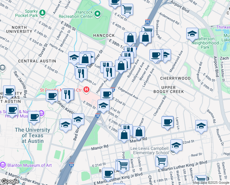 map of restaurants, bars, coffee shops, grocery stores, and more near 3209 North Interstate 35 Frontage Road in Austin